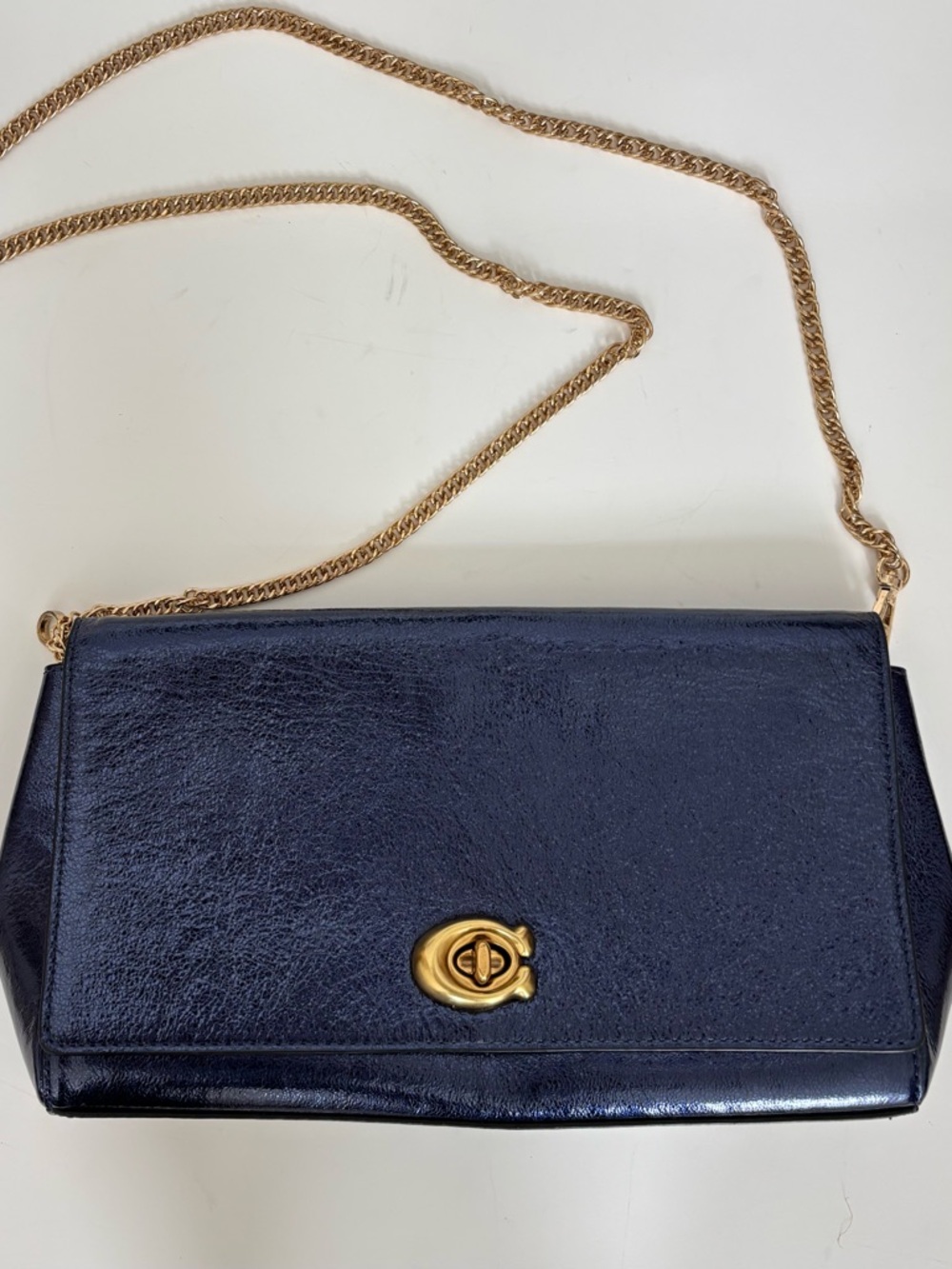 Coach Alexa Turnlock Crossover Chain Clutch in Blue Metallic Crinkle Leather